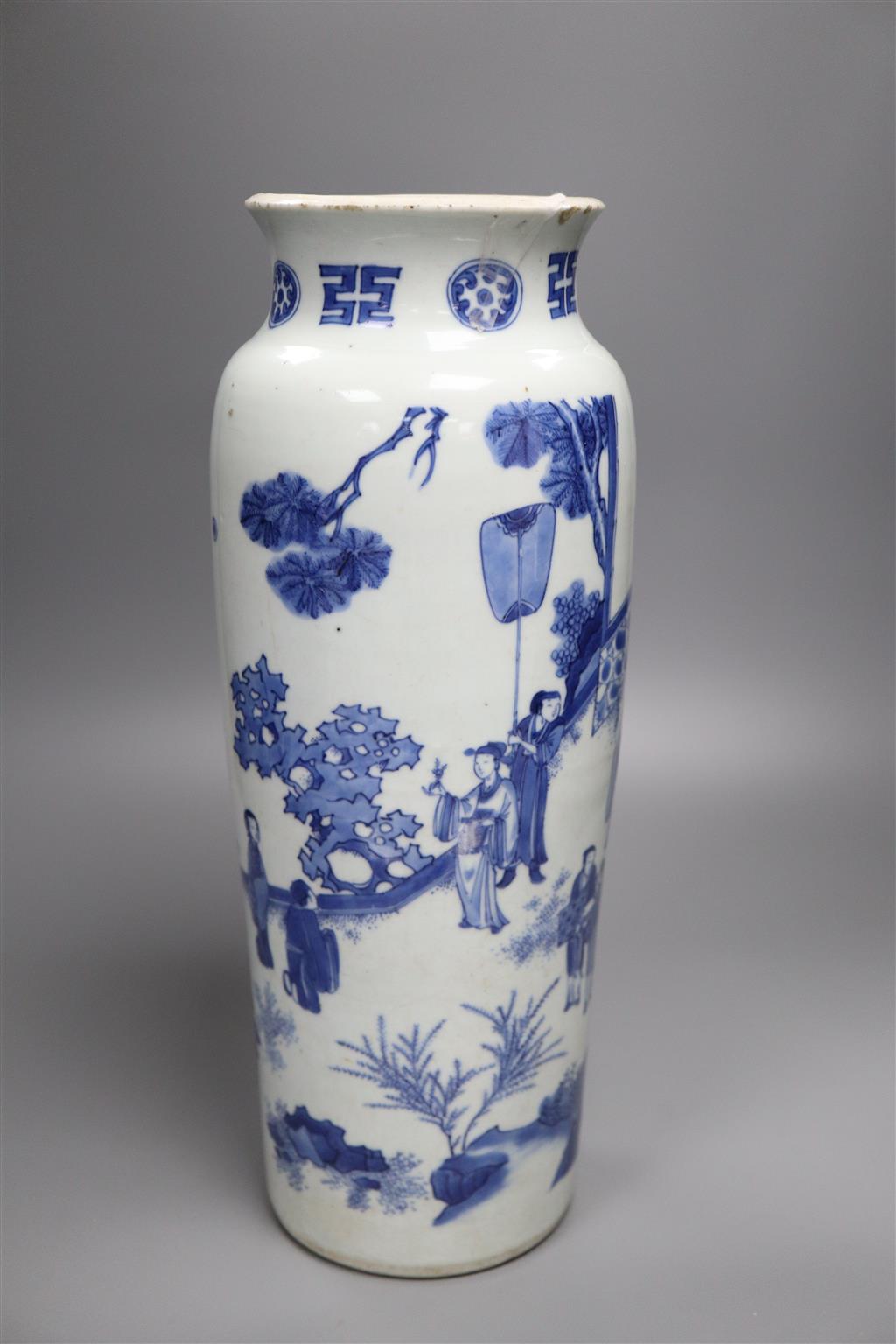 A Chinese Transitional blue and white sleeve vase, c.1640, 40cm high